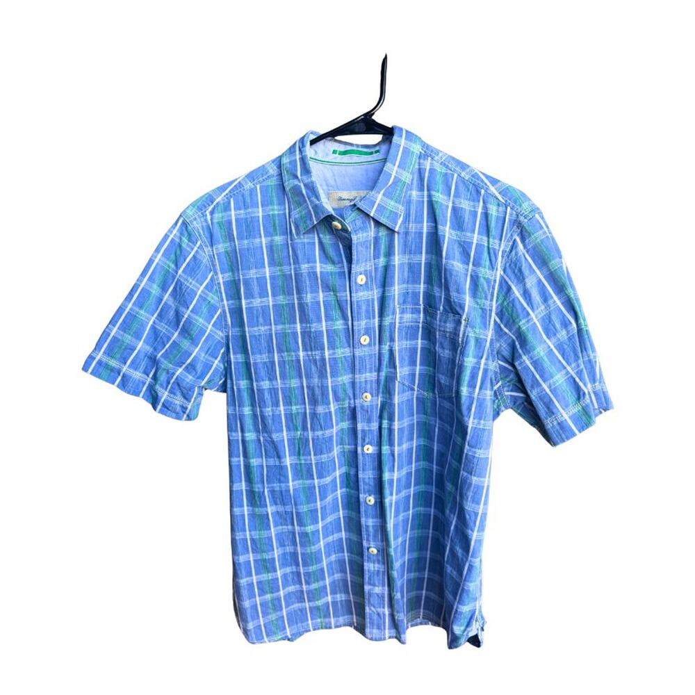 Tommy Bahama Medium shirt featuring a classic blue and green plaid pattern.